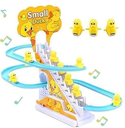 TEC TAVAKKAL Duck Slide Toy Set, Funny Automatic Stair-Climbing Ducklings Cartoon Race Track Set Duck Roller Coaster Escalator Toy with Flashing Lights & Music (Duck Track Set)