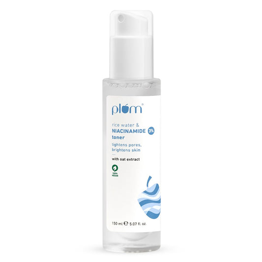 Plum 3% Niacinamide & Rice Water Face Toner | Alcohol-Free Toner for Oily Acne Prone Dry Combination Skin | Pore Tightening & Glowing Skin |Fades Blemishes, Brightens & Smoothens | Women & Men | 150ml