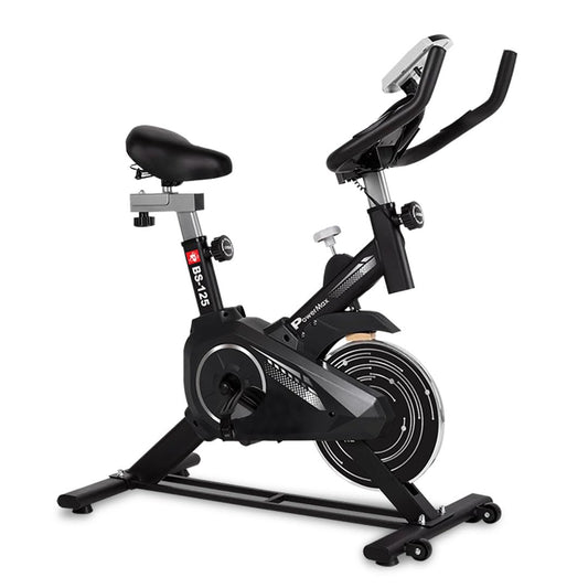 PowerMax Fitness BS-125 Spin Exercise Bike for Home use, 16mm 7Kg Flywheel, Max User Weight 130kg, LCD Display, 2pc Crank, Heart rate sensor, Knob braking, Adjustable foot strap and seat, iPad holder