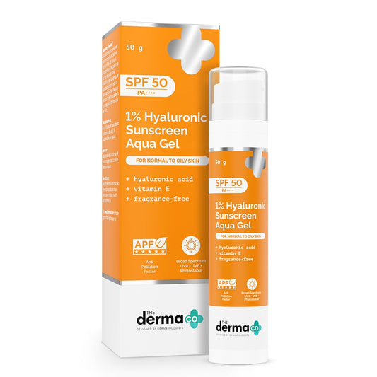 The Derma Co 1% Hyaluronic Sunscreen Aqua Gel SPF 50 PA++++ | For Oily, Dry, Acne-prone Skin | Ultra Lightweight Texture | Non-Greasy | No White Cast | Broad Spectrum Protection & Blue Light Protection | For Men & Women | 50 g