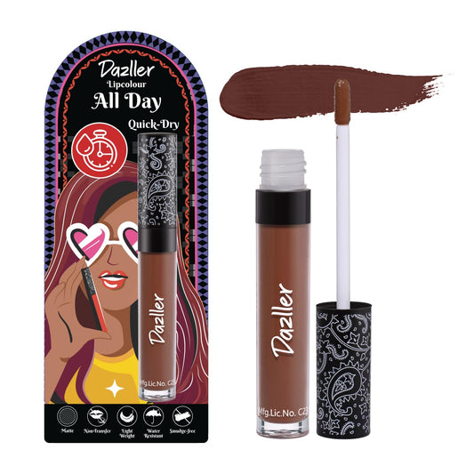 DAZLLER Matte All Day Lipcolour Quick Dry|Moisturizing Kokum Butter|Brown Liquid Lipstick For Women|Non-Transfer|8Hr Stay|Qdlc025 Hazelnut Cup|6G