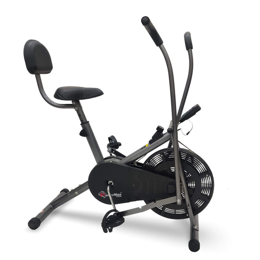 PowerMax Fitness BU-201 Dual Action Air Bike/Exercise Bike for Home |Gym Cycle for Workout With Adjustable Cushioned Seat | Non-Slip Pedals | Moving Handles Black Gym Bike, Max user weight 120 KG