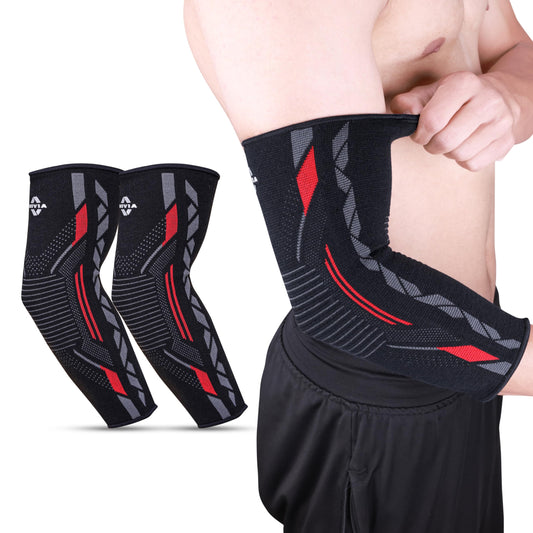 Nivia Knitted Elbow Support Ergonomic, Breathable, and Flexible Compression Sleeve for Enhanced Joint Stability, Pain Relief (Red, M) For Men & Women, In Pair